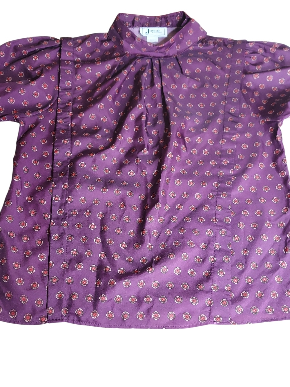 Vintage Joyce Sportswear Purple Mock Neck Pleated Button Blouse USA L - Picture 5 of 12